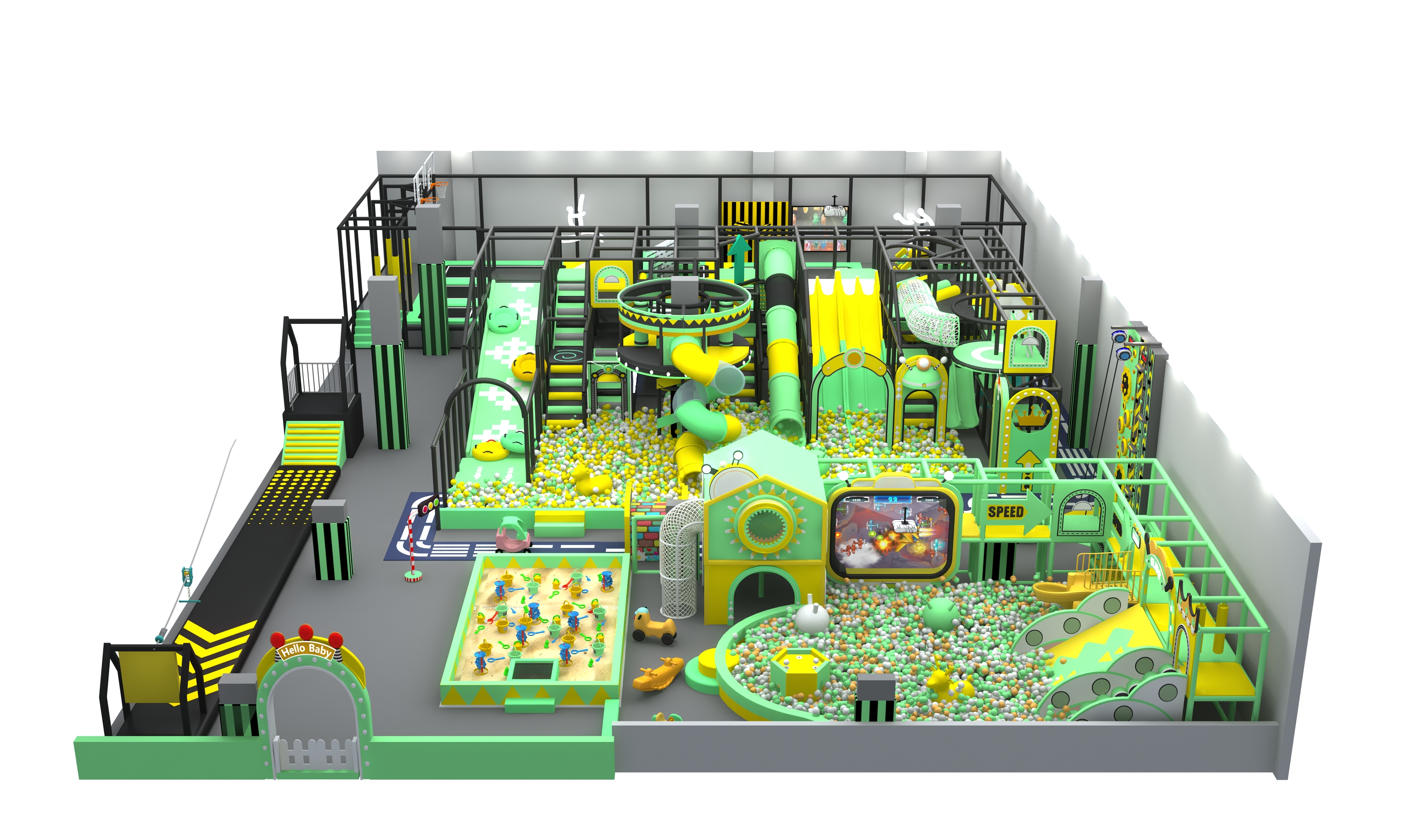 Green Themed Indoor Playground with Trampoline