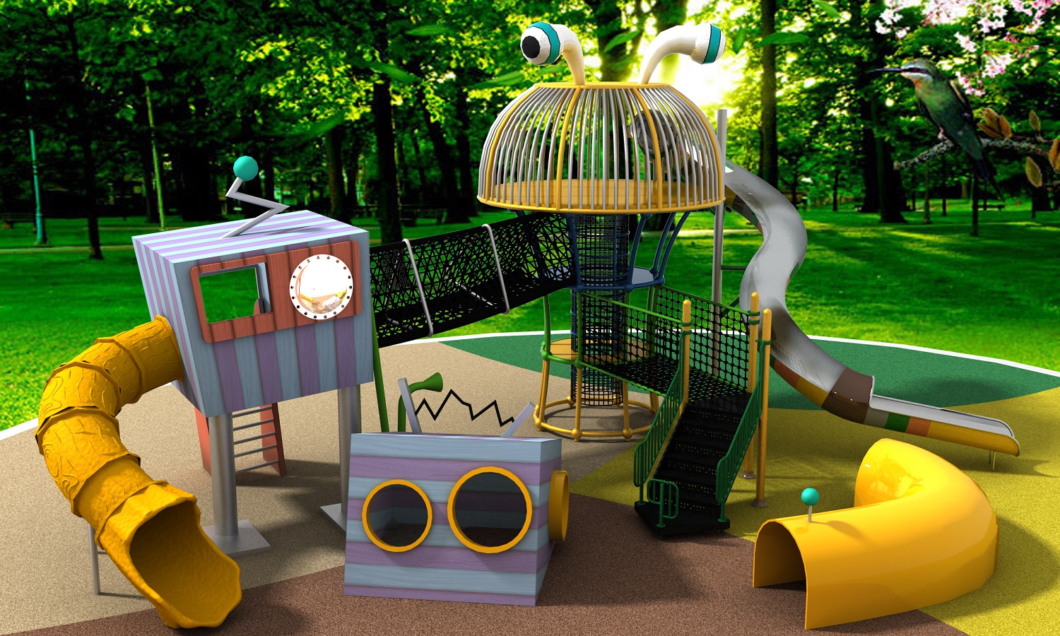 Modern Toddler Outdoor Wooden And Metal Playset with Slides, Tunnel